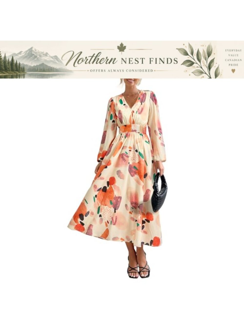 Women Floral Midi Dress V Neck Long Sleeve A-Line Flowy Casual